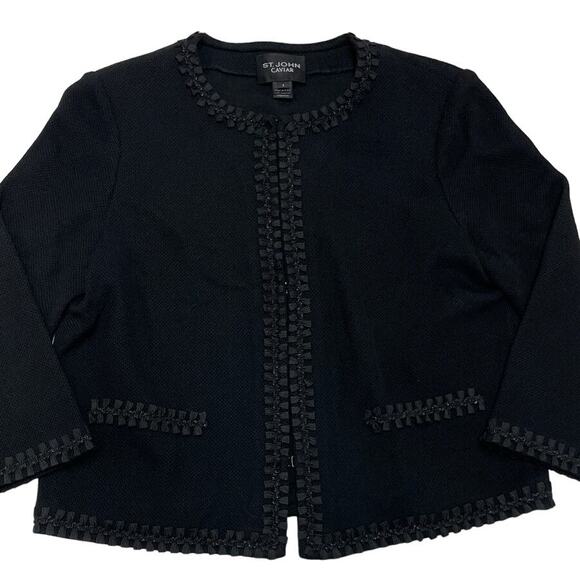 St. John Caviar Jacket Women 6 Black Bow Glitter Detail Knit Wool Blend Preppy